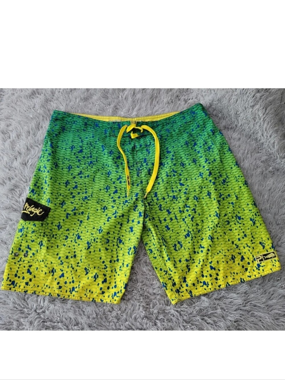 Pelagic Board Shorts Swim Trunks Green Yellow Dorado Swimsuit Pockets Fish 40